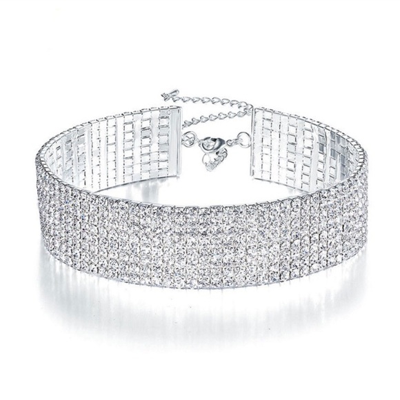 Disco 12 Row White Rhinestone Soft-Mesh Adjustable Choker - Picture 3 of 17